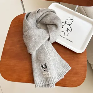 Winter gray knit scarf with cute embroidered dog, warm wool blend neck wrap for cold weather.