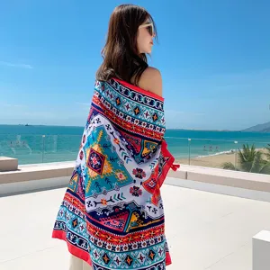 Women ethnic print beach scarf lightweight summer vacation travel shawl sun protection wrap.
