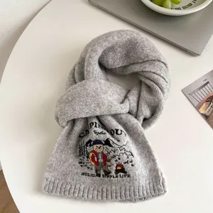 Grey knit winter scarf with cute camping bear embroidery, cozy warm neckwear for daily wear.