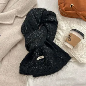Black fuzzy knit scarf for women winter cozy fluffy mohair muffler warm thick neckwear