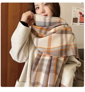 Thickened plaid scarf, cozy cashmere-feel winter wrap, elegant brown and orange check pattern.