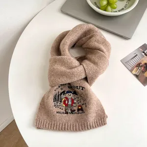 Autumn winter knit scarf for women men, cute bear embroidery solid color warm muffler.