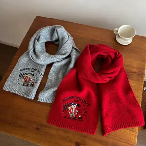 Winter warm knitted wool scarf for men and women featuring cute bear camping embroidery design.