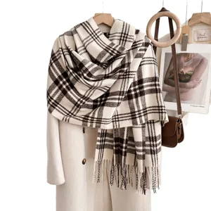 Classic brown plaid winter scarf for women, soft cozy warm shawl and thick winter neckerchief.