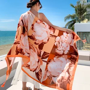 Stunning floral beach shawl for women, large lightweight silk scarf for summer sun protection.