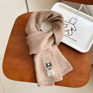 Winter wool-blend knitted scarf with cute dog embroidery and cozy thick design for cold weather.