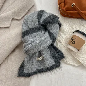 Cozy grey striped mohair knit scarf detail, soft fluffy winter neck warmer for women.