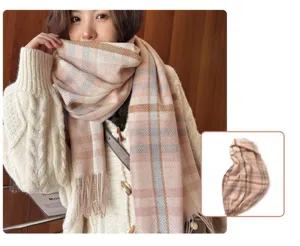 Cozy pink plaid imitation cashmere scarf for women, warm winter shawl and stylish neck wrap.