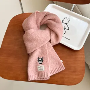 Winter warm knitted wool scarf featuring cute glasses dog embroidery and cozy thick design.