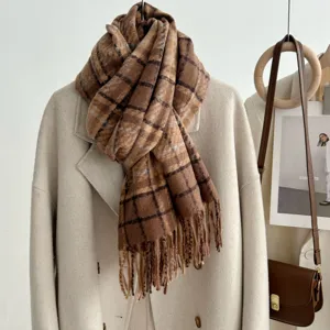 Cozy brown plaid tassel scarf, thick warm winter fashion wrap for women and girls.