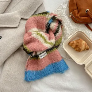 Cozy colorful striped knit winter scarf with wool blend, fashionable dopamine style accessory.