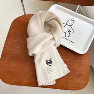 Cozy winter knitted wool scarf for men and women, cute glasses dog embroidery warm neck wrap.