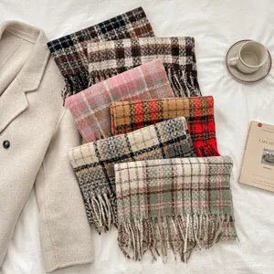 Women Winter Scarf Cashmere Feel Polyester Plaid Tassel Shawl Warm Soft Checkered Neck Scarf For Cold Weather