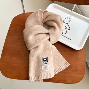 Winter thick knit scarf with cute embroidered dog, warm woolen material, stylish accessory.