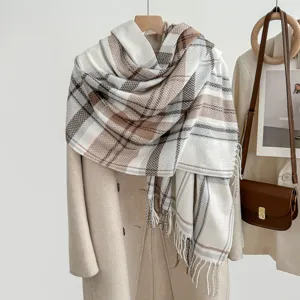Autumn winter plaid scarf with fringe warm soft tassel cozy casual fashion accessories stylish