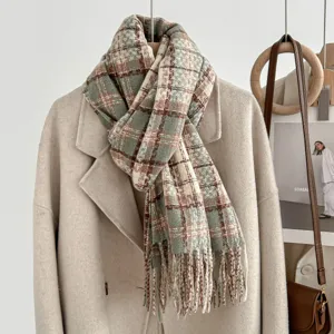 Korean style plaid tassel scarf for women winter warm retro cozy tartan winter neck wrap