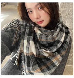 Korean style thickened plaid scarf women warm soft cashmere feel winter shawl accessory