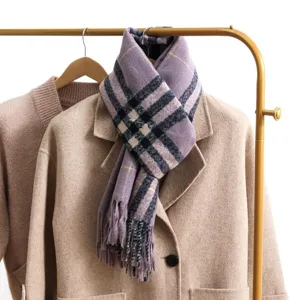 Cozy winter plaid scarf for women, thick warm long tassel shawl and neck wrap, vintage style.