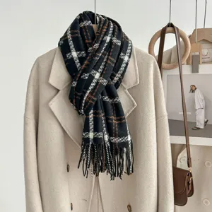 Classic retro black and brown plaid imitation cashmere winter warm cozy scarf shawl.