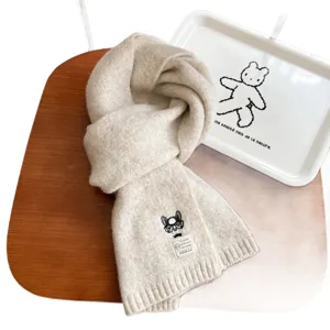 Winter warm knitted scarf for women and men, cute dog embroidery wool blend thick neck warmer.