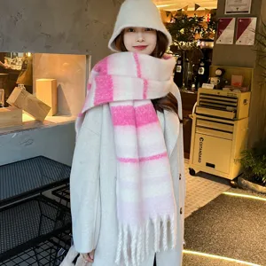Cozy pink striped mohair scarf and bucket hat set, thick warm winter fashion shawl for women.