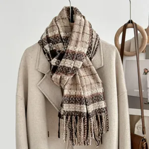 Cozy winter plaid tassel scarf for women, classic brown grid warm neck wrap detail view.