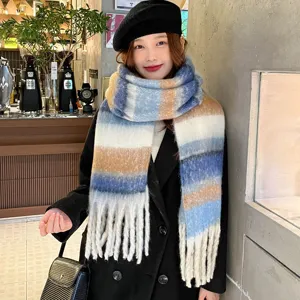 Thick mohair striped winter scarf detail, soft cozy colorful warm shawl for women.