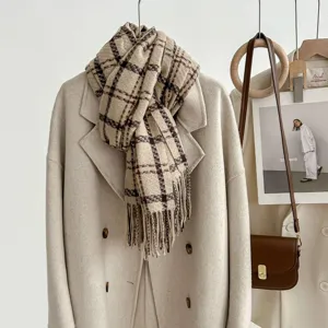 Cozy plaid imitation cashmere winter scarf with elegant fringe detail for women and men.
