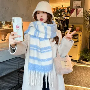 Cozy mohair striped winter scarf soft warm chunky stylish outerwear fashion accessory detail.