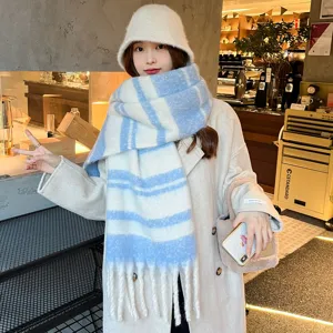 Mohair Colorblocked Striped Scarf Winter Warm Long Tassels Shawl Sweet Style Women Fashion Winter Accessories