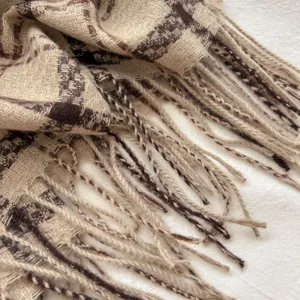 Winter warm imitation cashmere plaid scarf with fringe detail, cozy and stylish accessory.