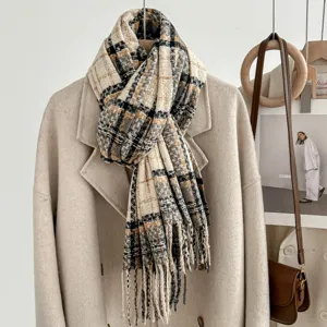 Winter plaid fringe scarf for women, classic retro check design, cozy warm chic neck wrap.