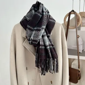 Thickened plaid scarf with tassels, cozy loop yarn winter fashion for women detail view.