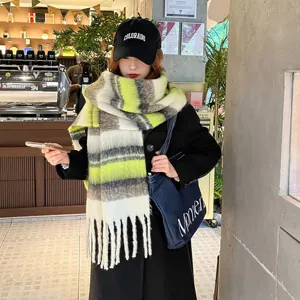 Cozy mohair color-blocked striped scarf detail, soft and warm winter shawl accessory.