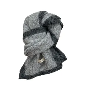 Women fuzzy mohair knitted scarf winter cozy warm gray striped shawl fashion elegant soft neck wrap