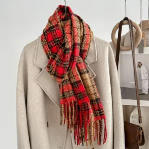 Winter red plaid fringed scarf detail, soft warm cozy checkered wrap for women cozy chic style.