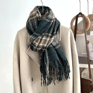 Cozy plaid tassel scarf for women, thick warm winter neck wrap, classic green check design.