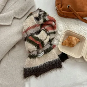 Cozy fuzzy striped scarf with wool blend, soft winter warm neck warmer for daily wear.
