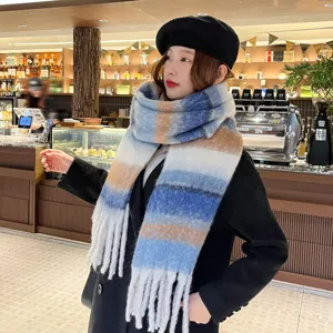 Cozy mohair color block winter scarf with fringe, trendy thick warm shawl for women daily wear.