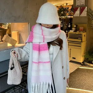 Stylish color block mohair winter scarf for women, cozy thick warm plaid shawl for daily wear.