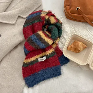 Multicolor striped wool scarf detail, cozy dopamine color block winter neck warmer wrap.