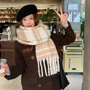 Thick mohair striped color-block scarf for women, cozy winter warm plaid shawl wrap soft.