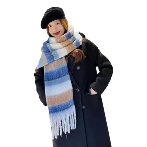 Women thick winter striped mohair scarf cozy warm oversized tassel shawl blue brown color block