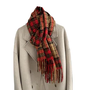 Winter warm plaid fringe scarf for women, classic red tartan cozy couple neck wrap.