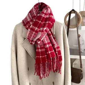 Cozy red and white plaid fringed scarf, thick warm winter accessory for stylish daily wear.