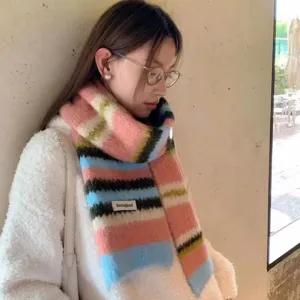 Women colorful striped wool blend scarf cozy winter warm fashion neckerchief main view