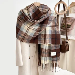 Autumn Winter Soft Warm Plaid Scarf For Women Imitation Cashmere Thickened Tassels Shawl Fashion Vintage Casual Neck Scarf