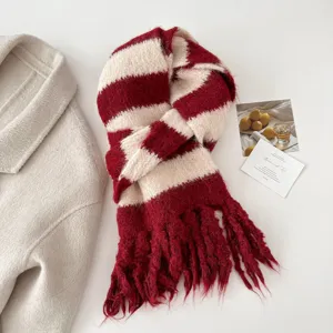 Red and white striped tassel scarf detail, soft knit cashmere feel winter warm neck wrap.