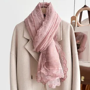 Women Autumn Winter Scarf Solid Color Spliced Lace Trim Long Shawl Warm Neck Cover Fashion Daily Accessories