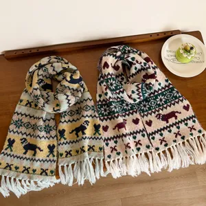 Detail shot of cozy Fair Isle jacquard tassel knitted scarf featuring cute dog and heart patterns.